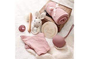 Youuys 7 Pezzi Regalo Set per Neonato, Regalo per Bambino e Bambina, Asciugamano da Bagno, Sonaglio, Giocattolo in Legno, Cartoline, Calzini, Spazzola, Baby Shower (Coniglio-2)