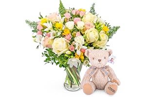 PRESTIGEFLOWERS Rose and Freesia - Birthday Flowers - Flowers Next Day - Thank You Flowers - Anniversary Flowers - Get Well Flowers - Fresh Cut Flowers (Rose and Freesia with Teddy)