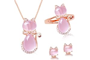 Uloveido Cute Girl's Light Pink Cat Necklace Stud Earrings and Ring Set Simulated Opal Cat Eye Animal Jewellery Set Y427-New