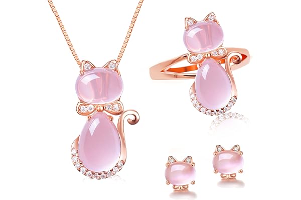 Uloveido Mignon Fille Rose Clair Chat Collier Boucles d'oreilles et Bague Ensemble simulé Opale Oeil de Chat Animal Bijoux Ensemble Y427