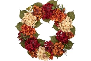 Hollyone 20'' Artificial Hydrangea Wreath, Fake Flower Wreath for Front Door, Orange Red Faux Hydrangeas for Summer & Autumn Decorations, Floral Arrangement for Mantel, Kitchen, Farmhouse, Wall Decor