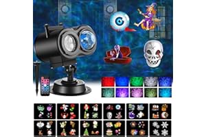 Asstikoo Projecteur Noël Extérieur, LED Projecteur de Lumière Halloween, Lampe de Projecteur Etanche, Double Projection avec Télécommande pour Décoration Intérieur, 12 Motifs 10 Couleurs
