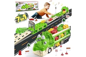 FRUSE Camion Pista Macchinine per Bambini 3 4 5 Anni,7 IN 1 Pieghevole Dinosauri Camion Giocattolo con Luci e Suoni,6 Mini Auto Dino e 12 Segnali Stradali,Dinosauro Giocattolo Regalo per Bambino