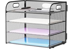 Marbrasse Desk Trays Organiser,4 Tier Letter Paper Tray with Handle,Mesh in Tray for Desk Office Home A4 File Document Storage (Black)