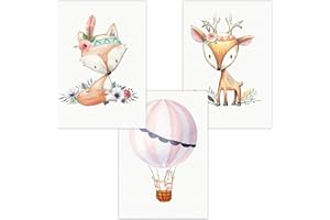 Olgs Kinderzimmer Bilder | Wandposter Deko Cute Boho Premium | Poster 3er Set Wandbilder DIN A4 | Design Tiere Fuchs, Reh, Heißluftballon, Blumen