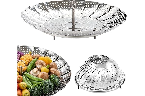 BangShou Ångkorg för matlagning, 25 cm, rostfritt stål, grönsaksångare för kastrull, hopfällbar stekpanna i metall för mat, liten hopfällbar grönsaksångkokare med handtag