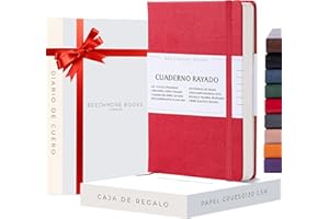 Beechmore Books Cuaderno Rayado - A5, Roja I Libreta Tapa Dura Cuero Vegano, Papel Grueso 120gsm Crema Rayado, Caja de Regalo, para Escritores, Diaristas, Reuniones de Negocios y Estudiantes