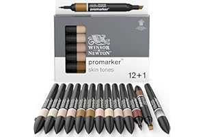 Winsor & Newton Promarker - Set 12 + 1 tonos piel, 12 rotuladores de base alcohol tonos piel + 1 blender (mezclador)