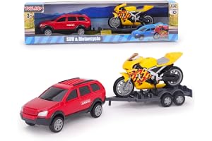 Toyland® 27cm (11”) SUV Bil-, motorcykel- och släpuppsättning - Leksaksfordon i skala 1:32 - Frihjulsrörelse - 3+ år (röd och