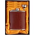 Icy Shots Stainless Steel and Stitched Leather Hip Flask 8 Oz (230 Ml) for Men - Liquor Flask Or Wine Whiskey Alcoholic Beverage Holder with Funnel Gift Set - Classy Brown