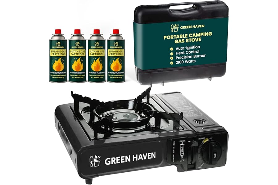 GREEN HAVEN Black Portable Camping Stove with Cary Case & 4 Butane Gas - Premium Camping Gas Stove, EN417 Compliant, Portable with Automatic Ignition & Heat Control