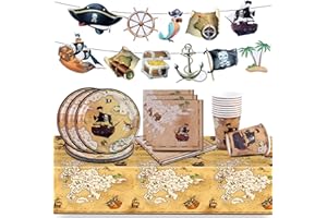 CUIDONGSHENG Piraten Partygeschirr,Piraten Geburtstag Geschirr,Partygeschirr Kindergeburtstag Pirat,Piraten Kindergeburtstag Deko Geschirr,Piraten Party Geschirr Set mit Teller Becher Servietten Tischdecke