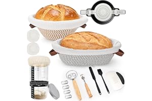 CSYY Ensemble de corbeilles à pain rondes de 23 cm et ovales de 25 cm en coton - Kit de démarrage de levain - Pot de fermentation de 730 ml - Accessoires de cuisson du pain - Kit de démarrage pour