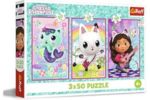 Trefl – Puzzle 3 en 1 : Gabby's Dollhouse, Faites Connaissance de Gabby et des Chats - 3 x 50 Pièces, Ensemble de Trois Puzzles pour Les Enfants à partir de 4 Ans