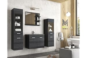 MINIO go for it - Set di mobili da bagno da 4 pezzi Marit I, pensile medio e grande senza illuminazione a LED, specchio con mensola, mobile con lavabo - Grafite Nera con Struttura in Legno