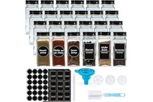 UPGROW Cheerhom Pots à épices 24 Pièces Carrés 120ml Ensemble Shaker à épices récipient à épices en Verre Stockage D'épices Avec Insert Dispersé, étiquettes, Entonnoir, Brosse (Noir)