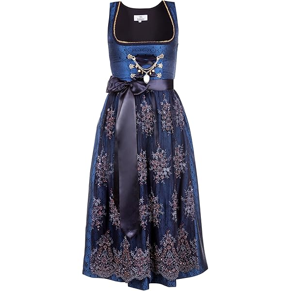 Alpenmärchen Midi Dirndl uit exclusieve collectie incl. kanten schort maat 34 tot 60 - ALM750, blauw-roze, 36