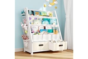 GoTiling Kinder Bücherregal Kinderzimmer Spielzeugregal: Bücherregal mit 2 Aufbewahrungsboxen und 3 Ablagen, Spielzeug-Organizer für Kindergarten, Spielzimmer, Weiß