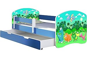 ACMA Letto per Bambino Cameretta per Bambino con Materasso Cassetto II BLU (30 Dinosauri, 160x80 + Cassetto)