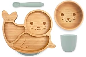 Koko Kids® Ensemble d'alimentation pour bébé en bambou et silicone - Assiette à ventouse et bol - Gobelet et cuillère en silicone