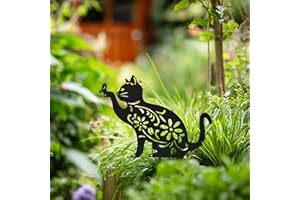 Nicoman Metal Dog and Cat Stakes Garden Decorative Silhouette with Floral Pattern, Black, 1-Piece Yard Art for Grassland and Outdoor Statues (Cat)