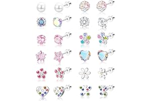 JeweBella 12Pairs Small Earrings Set for Women Girls Stainless Steel Cute Stud Earrings Butterfly Flower Zirconia Heart Hypoallergenic Earrings Multicolored Screw Back Earrings Set