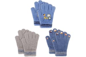 QKURT Kids Magic Gloves, 3 Pairs Children's Cold Weather Gloves Stretch Full Finger Glove Unisex Elastic Glove Winter Thermal Mittens Warm Knitted Mitten Stripe Excavator for Boys Girls 1-5 Years