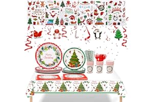AIPartywar Fournitures de Fête de Noël Vaisselle Vert Rouge Merry Christmas Assiette Carton Gobelet Serviette Papier Paille Fourches Décoration Table (20 Invités)