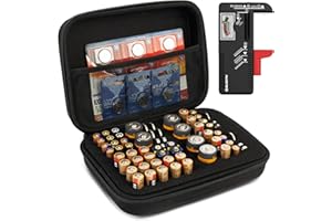 BLOSTM Battery Storage Case with Tester - Portable Battery Organiser with 64 Slots for AAA, AA, 9V C, D, Button Cell - Compact, Robust Carrying Case for Batteries (Not Included)