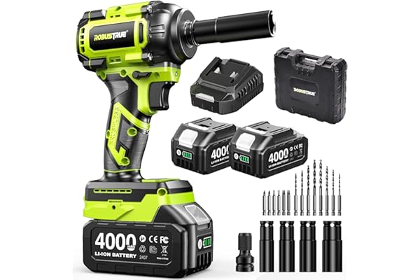 Robustrue 800 N·m clé à choc sans fil 1/2", moteur sans balais à couple élevé, vitesse jusqu’à 2800 tr/min, 2 batteries 4,0Ah avec chargeur, 4 douilles, idéale pour voiture et usage domestique