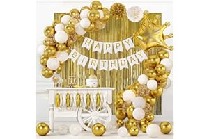 LUOBITO Birthday Decoration, Gold White Birthday Party Decorations for Boys Girls Men Women, Happy Birthday Banner Background, Confetti Balloons, Tassel Garland, Paper Pompom