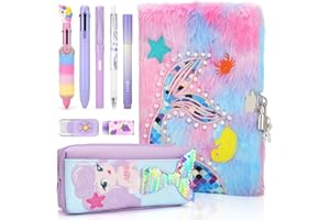 Anyfirst Diario Secreto Niña con Candado, Set de Diario Secreto Sirena Niña que Incluye Cuaderno Sirena A5 de Peluche y Bolígrafos, Regalos Niñas de 5, 6, 7, 8, 9, 10, 11 y 12 Años