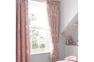 Happy Linen Company Mädchen Vorhänge mit Kräuselband - Einhörner & Regenbögen - vollständig gefüttert - Rosa - 168 x 183 cm (66“ x 72“)