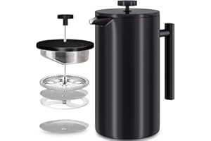 KICHLY Cafetière à piston en acier inoxydable - Machine à expresso et à thé portable avec triple filtre - Verre résistant à la chaleur avec piston en acier - 32 Oz (1,0 Litre) - Noir