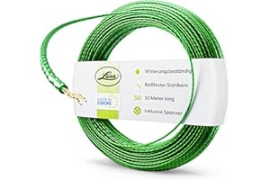 Luna® Wäscheleine 50m - Wäscheleine extra stark mit Stahleinlage - Dehnungsfrei & Witterungsbeständig - Inklusive Spanner - Grüne Kunststoff-Ummantelung - Ideal für Garten & Camping - Made in EU