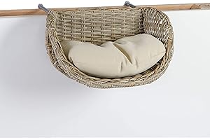 Greemotion Hamaca Colgante para Gatos, Cama para Gatos Colgante de Poli Ratán con Cojín de 100% Poliéster, Cesta para Gatos Mascotas, Aprox. 50 x 30 x 30 cm, Beige