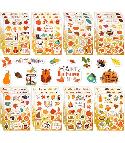 JarThenaAMCS Fall Leaves Stickers Roll - 500Pcs Autumn Maple Leaf Decals, Sparkly Waterproof, 6 Colors, 1.5 Inch