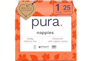 Pura Newborn Baby Nappies - Size 1 (2-5kg / 4-11lbs), 1 Pack (25 Nappies), Perfect for Sensitive Skin, Organic Cotton, Wetness Indicator, Umbilical Cord Cutout, New Size Guide