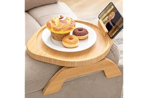 SITREMEN Bamboo Sofa Arm Tray with Rotating Mobile Holder, Stable Couch Armrest, Clip-On Sofa Tray Table for Wide Couches, Foldable Arm Clip Table for Eating and Drinking