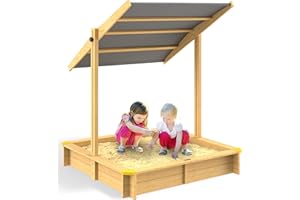 Spielwerk® Fritzi Sandpit | Tiltable Sun Roof & Practical Bench | Natural Spruce Wood | UV50+ UV Protection | Corner Protection | Ground Liner | 140x140cm | Outdoor Garden Sandbox for Kids