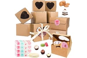 LONNEY Scatola per Torta, per Biscotti, Dolci 24PCS in Carta Kraft con Finestre con adesivi e Corda Per Bomboniere Per Cioccolatini (Marrone) 10*10*6.5CM