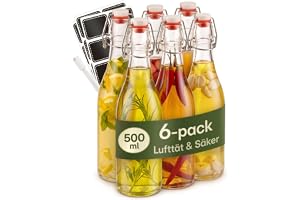 Praknu 6 Glasflaskor 500 ml - Glasflaska med Svängbar Propp - Swing Top | Aromtät förslutning med trådklämma, 6 extra tätningsringar, 12 etiketter med penna, tål diskmaskin, för olja, vin och juice