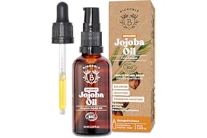 BIONOBLE Organic Jojoba Oil Cold Pressed Unrefined - Balances Sebum, Smoothes, Anti-Acne - 100% Pure Jojoba Oil for Skin, Face, Hair, Body - Vegan, Hexane Free - Glass Bottle, Pipette and Pump - 50ml