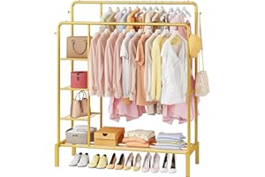 JOISCOPE Allargarsi Appendiabiti, 165x120cm Appendiabiti da Terra con 2 Appendiabito, 4 Ganci, 3 Ripiani Laterali e 1 Portascarpe Inferiori Stand Appendiabiti Multifunzionale con Ripiano, Oro