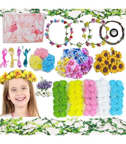 INFUNLY 4 Sets Pink Yellow Flower Crowns DIY Craft Kit Make Your Own Wreath Women Girls Headband Flower Handmade Floral Prop For Wedding Birthday Party