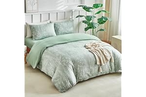 Tokokimo Double Duvet Cover Set 4 Piece Sage Green Bedding Set with Fitted Sheet - Floral Pattern Soft Microfiber Double Duvet Set (1x Duvet Cover, 2x Pillowcases, 1x 40cm Deep Fitted Sheet)