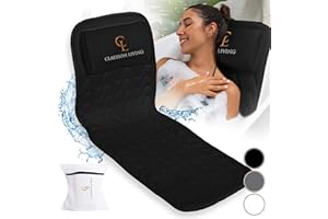 CLAESSONLIVING Cuscino Vasca da Bagno per Tutto il Corpo (125x43cm) - Cuscino Bago con ventose e Poggiatesta; Supporta Collo, Schiena e Gambe – Incl. Borse per Lavaggio e da Viaggio e Ganci per Asciugatura - Nero