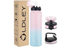 OLDLEY Borraccia Acciaio Inossidabile con Cannuccia 1L Isolamento Sottovuoto Grande Borraccia Metallo Bottiglie d'Acqua Tenuta Stagna Mantiene Le Bevande Calde Fredde per Campeggio Palestra con 3 Coperchi