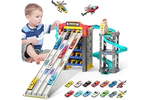 Charmofun Car Racing Track for Children, Racing Track Car with 5 Floors Parking Garage, Toy Racing Track with Spiral for Children from 3 Years, 12 Light Metal Cars and 2 Planes, Petrol Stations with