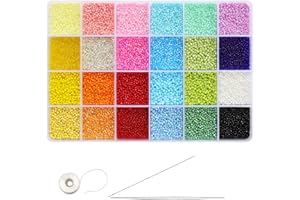 Tibaoffy Taille 12/0 Crafts Perles de rocaille en verre 2 mm Tiny Pony Beads Kit avec boîte de rangement pour la fabrication de bijoux (24 couleurs, environ 24 000 pièces au total)